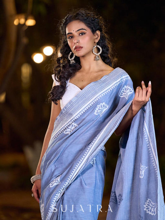 Graceful Slate Blue Cotton Saree with Delicate Floral Hand Block Print and Classic Border
