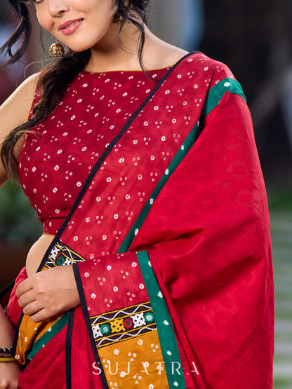 Crimson Cotton Jacquard Saree with Mustard & Red Bandhani Accents