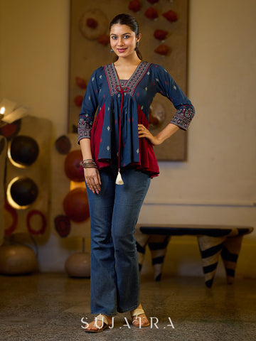 Indie Boho Printed Top with Blue & Maroon Gathered Detailing