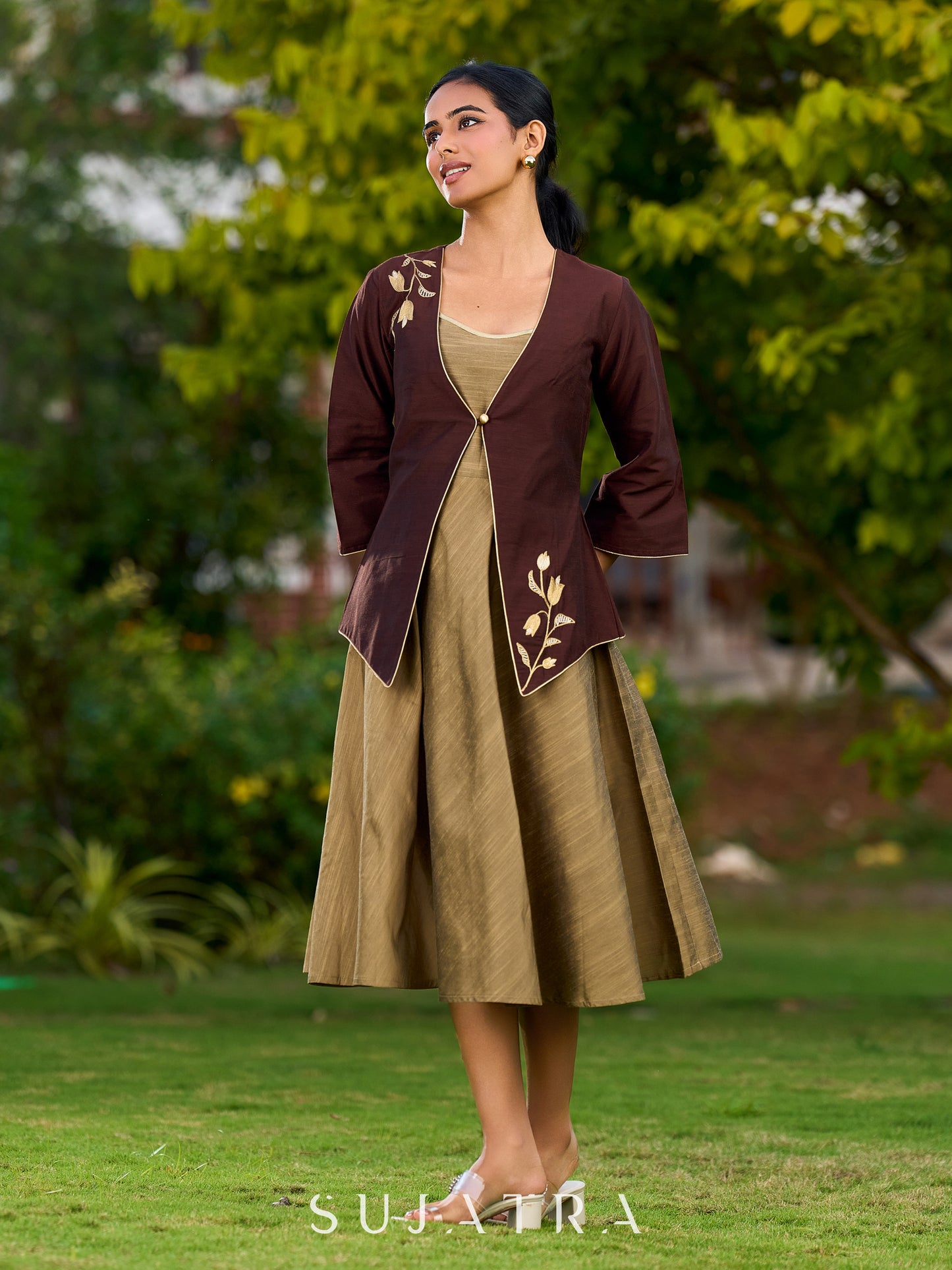 Dark Brown Cotton Silk Jacket Adorned With Exquisite Embroidery And Bell Sleeves Detailed With Shimmer Piping - Dress Optional
