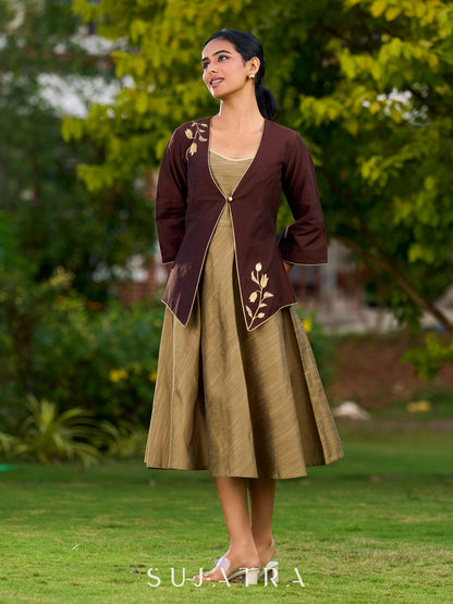 Dark Brown Cotton Silk Jacket Adorned With Exquisite Embroidery And Bell Sleeves Detailed With Shimmer Piping - Dress Optional