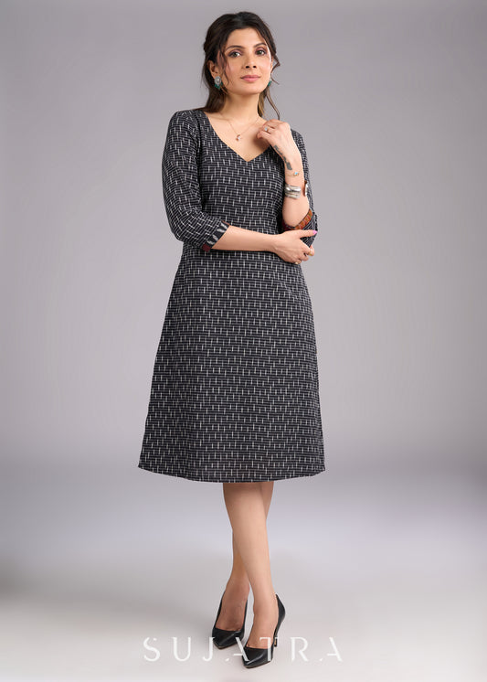 Inky Ikat Black Cotton Dress - patch work Ikat Jacket Optional