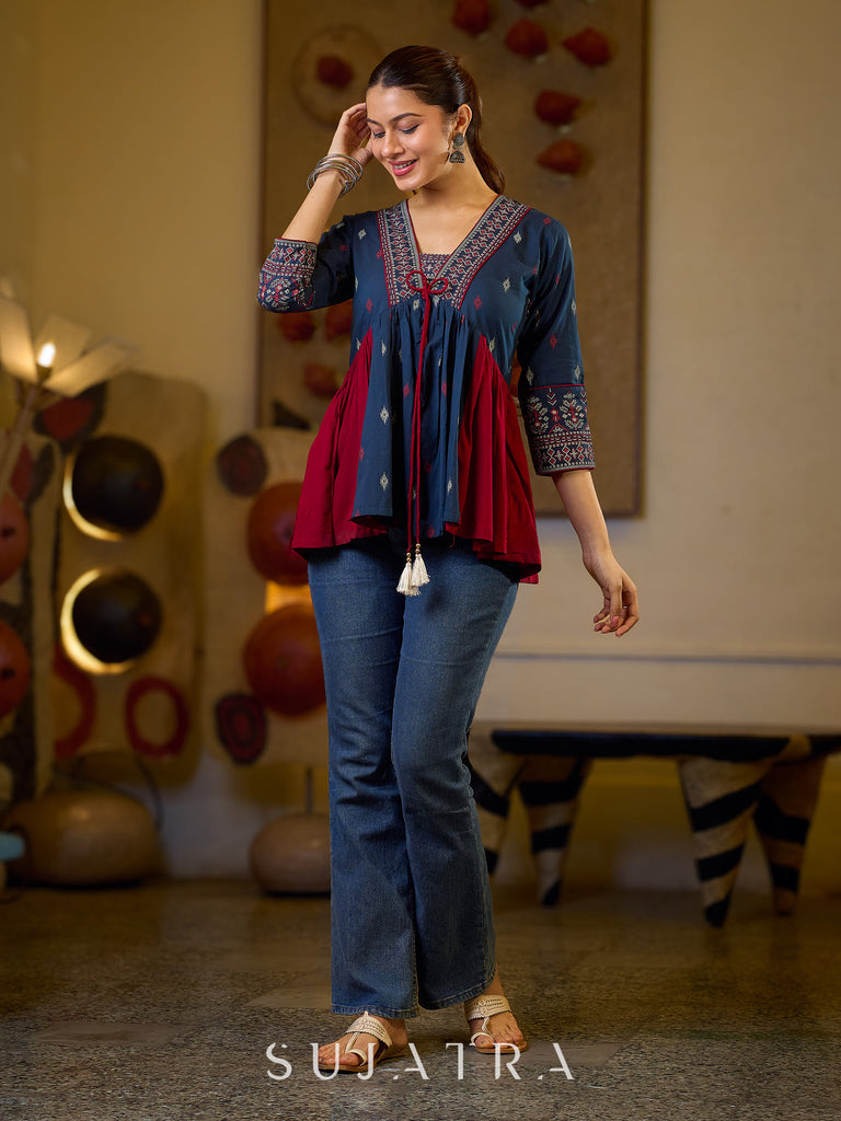 Indie Boho Printed Top with Blue & Maroon Gathered Detailing
