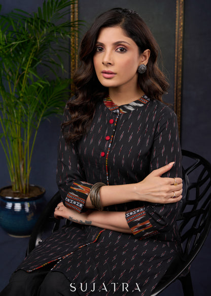 Stylish Black Cotton Ikat Tunic With Intricate Patterns - Pant Optional