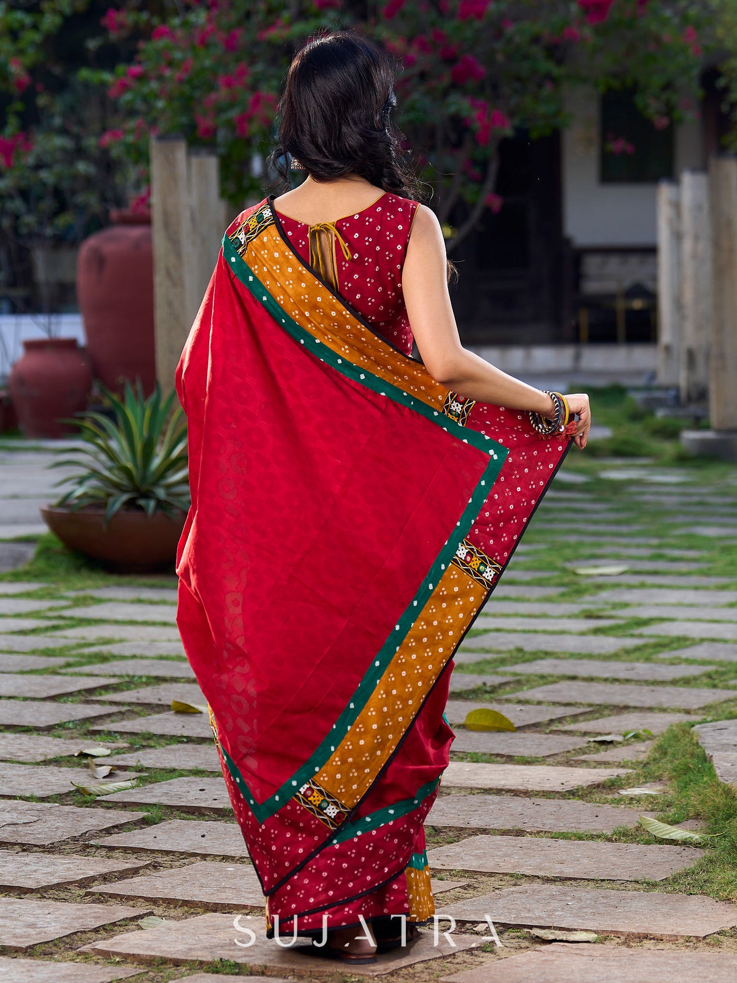 Maroon Jacquard Cotton Saree with Mustard & Red Bandhani Accents