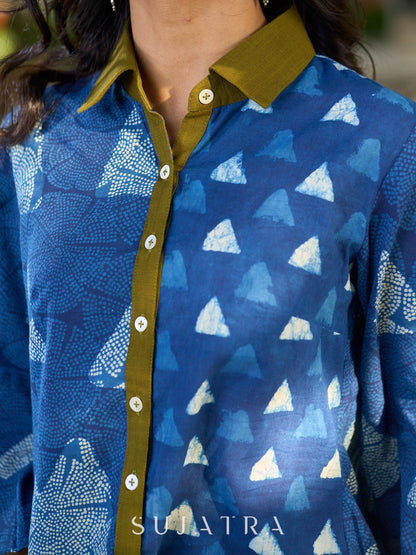 Indigo Contemporary Cotton Shirt with Geometric Pattern and Contrast Accents