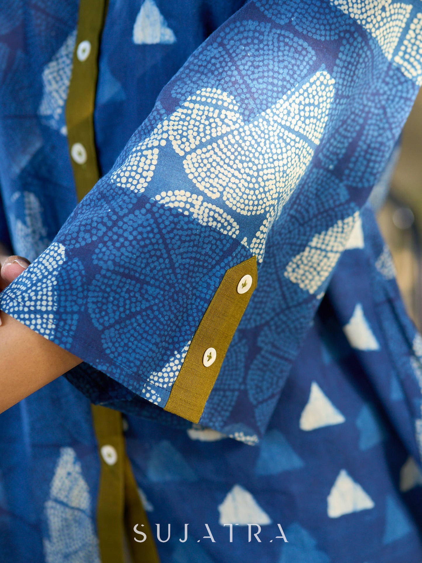 Indigo Contemporary Cotton Shirt with Geometric Pattern and Contrast Accents