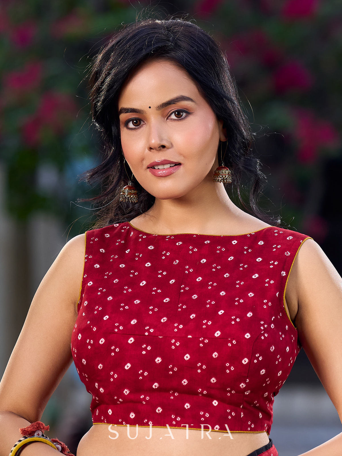 Chic Red Viscose Bandhani Sleeveless Blouse