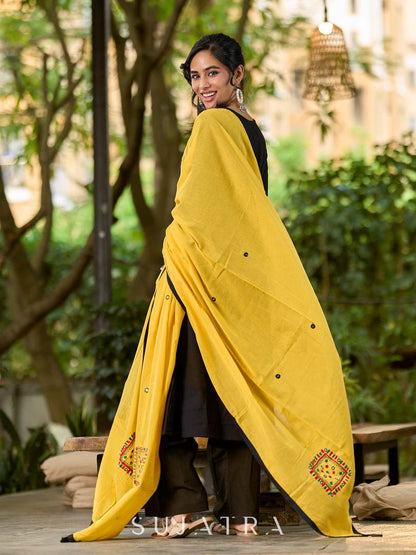 Rich Yellow Mul Cotton Dupatta with Minimal Kutch Embroidery