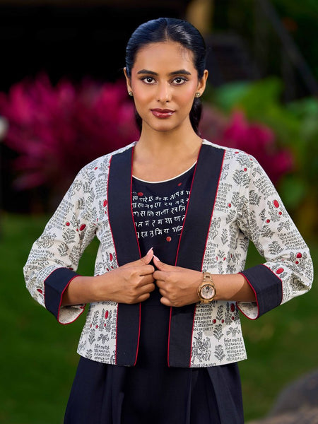 Graceful White Cotton Printed Jacket with Script Motifs and Black Trim Accents