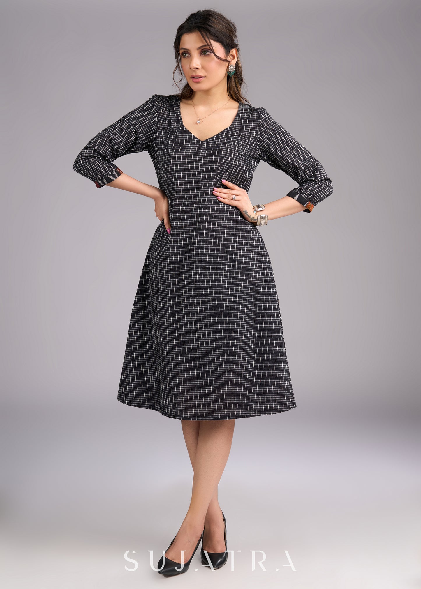 Inky Ikat Black Cotton Dress - patch work Ikat Jacket Optional