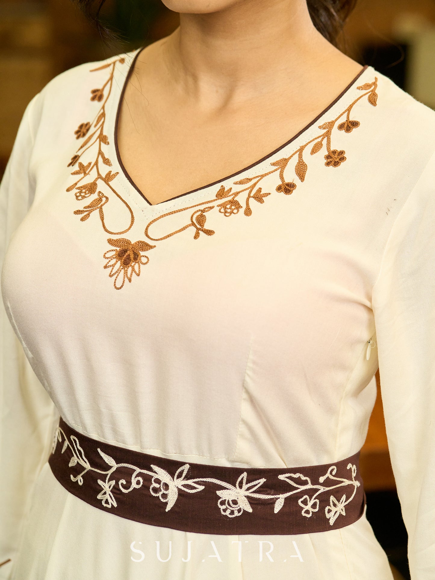 Radiant Ivory Embroidered Flare Dress with Statement Belt