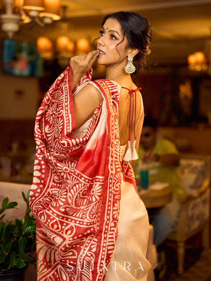 Handcrafted Ivory Pure Silk Saree with Red Kalamkari Print & Ombre Effect