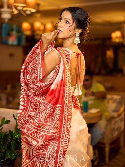Handcrafted Ivory Pure Silk Saree with Red Kalamkari Print & Ombre Effect