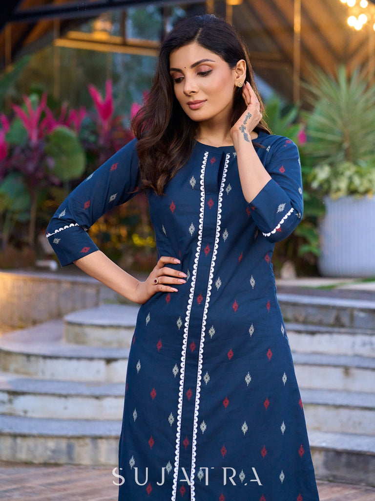 Blue printed cotton kurta enhanced with elegant and stylish lace - pant optional