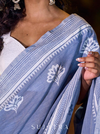 Graceful Slate Blue Cotton Saree with Delicate Floral Hand Block Print and Classic Border