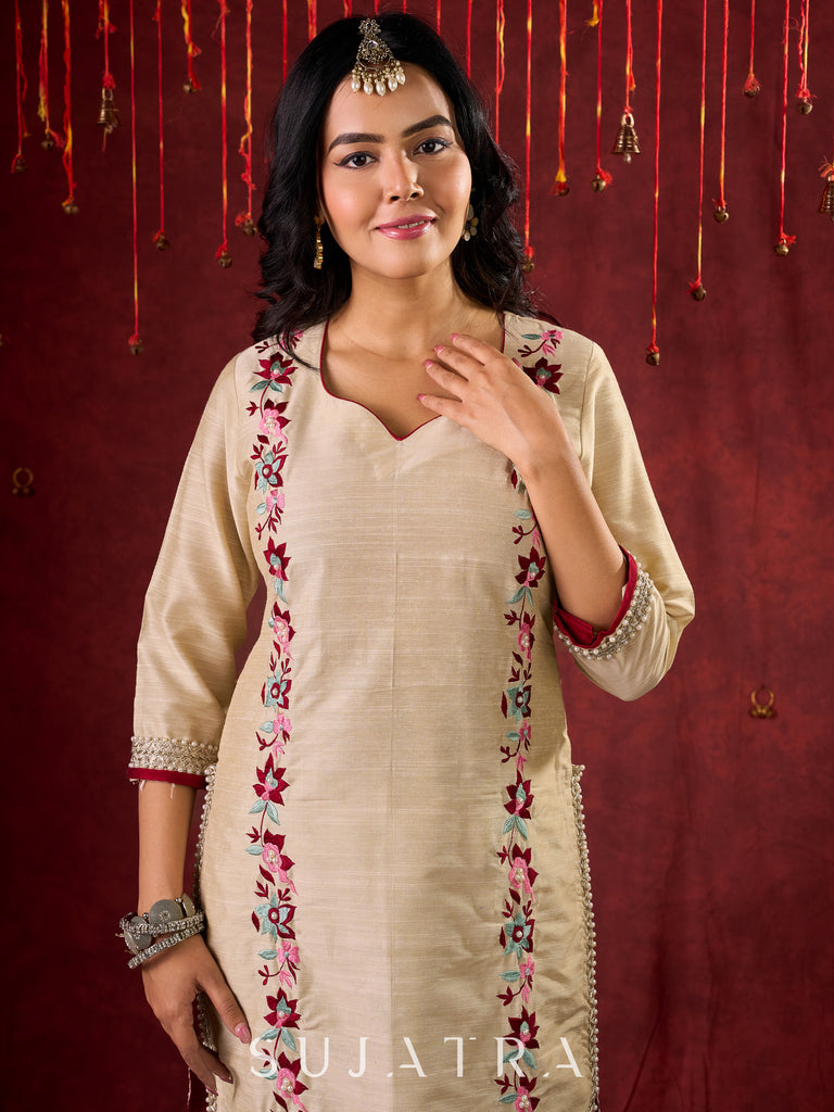 Ivory Cotton Silk Kurta with Floral Embroidery & Pearl Lace Accents