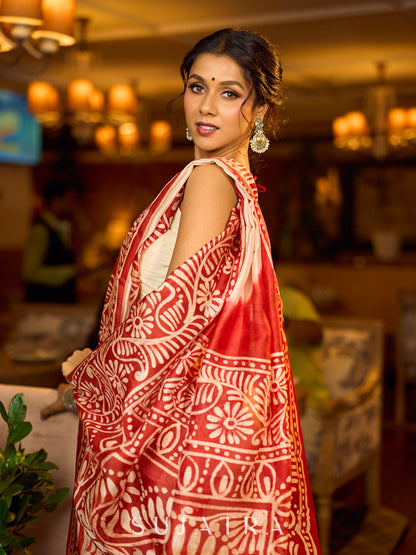 Handcrafted Ivory Pure Silk Saree with Red Kalamkari Print & Ombre Effect