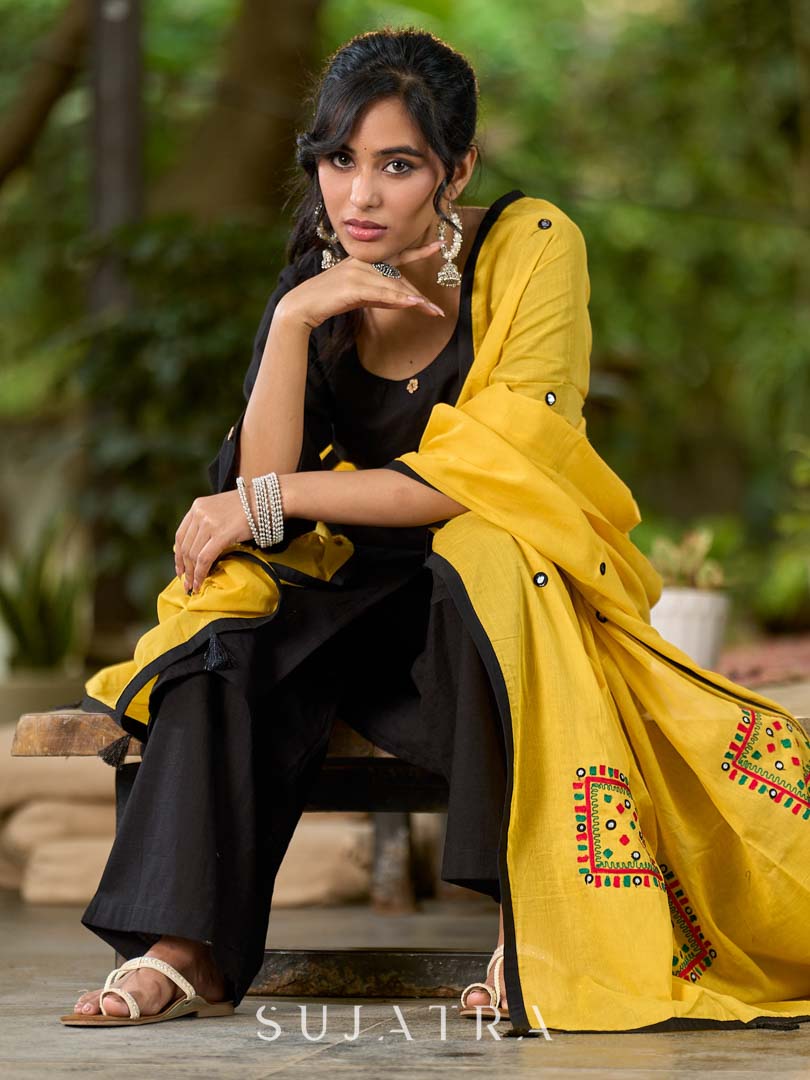 Rich Yellow Mul Cotton Dupatta with Minimal Kutch Embroidery