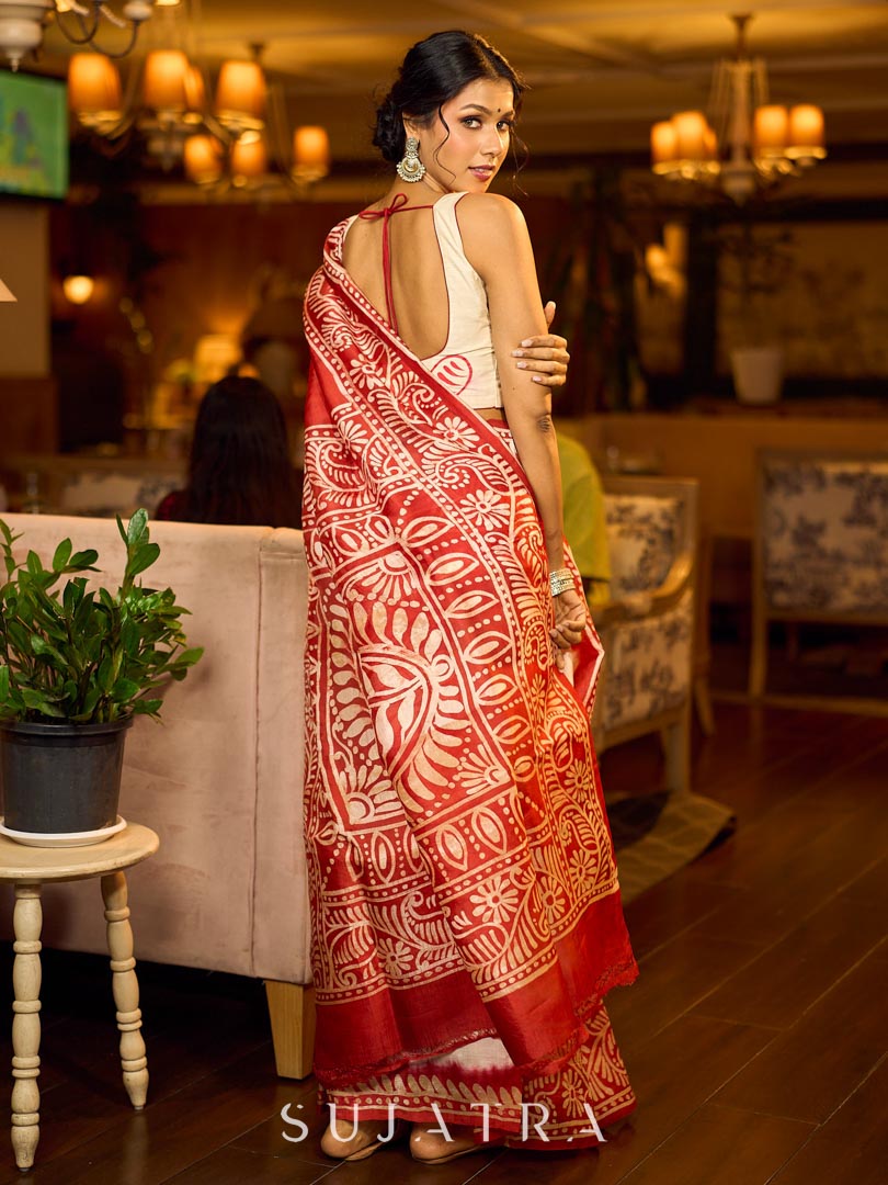 Handcrafted Ivory Pure Silk Saree with Red Kalamkari Print & Ombre Effect