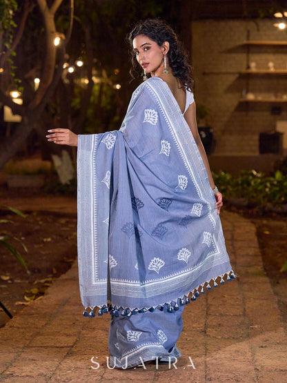Graceful Slate Blue Cotton Saree with Delicate Floral Hand Block Print and Classic Border