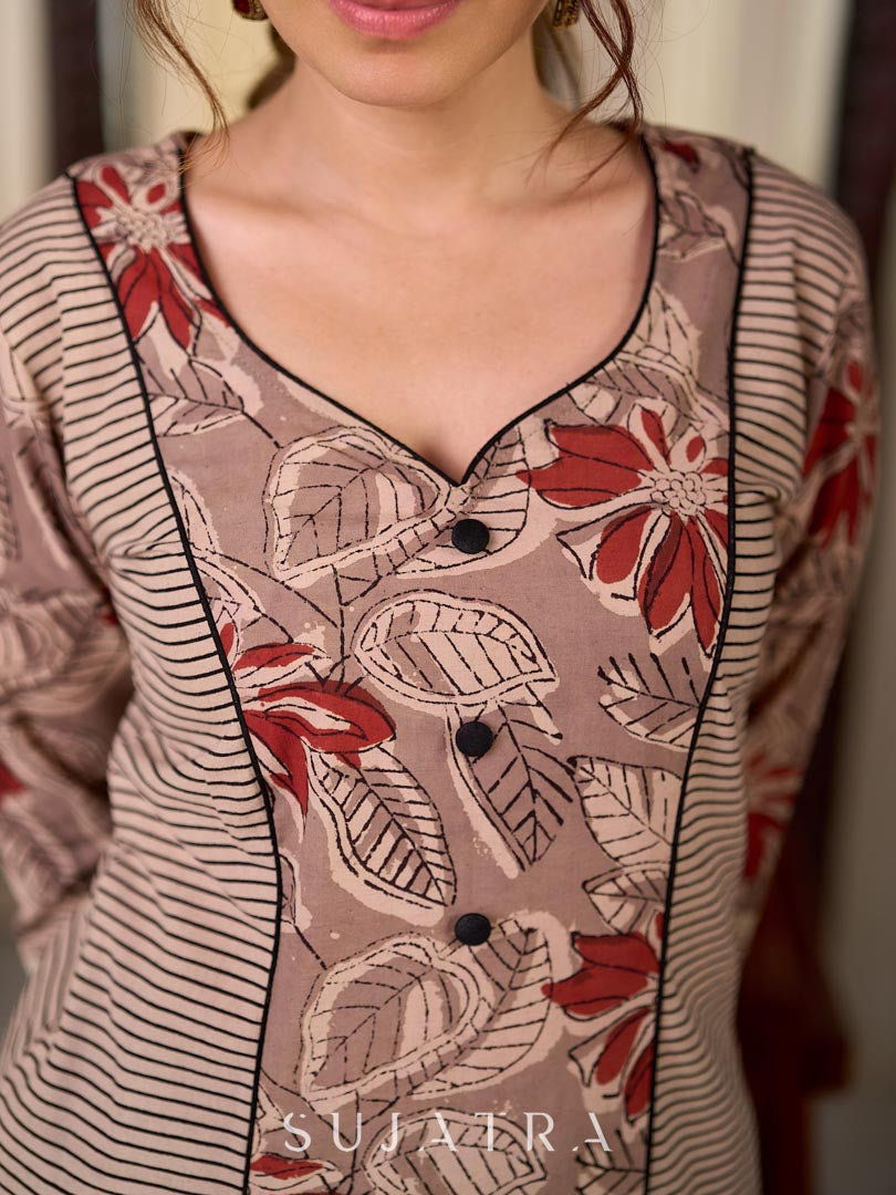 Earthy Beige Floral Leaf Print Cotton Kurta with Contrast Black Striped Panel