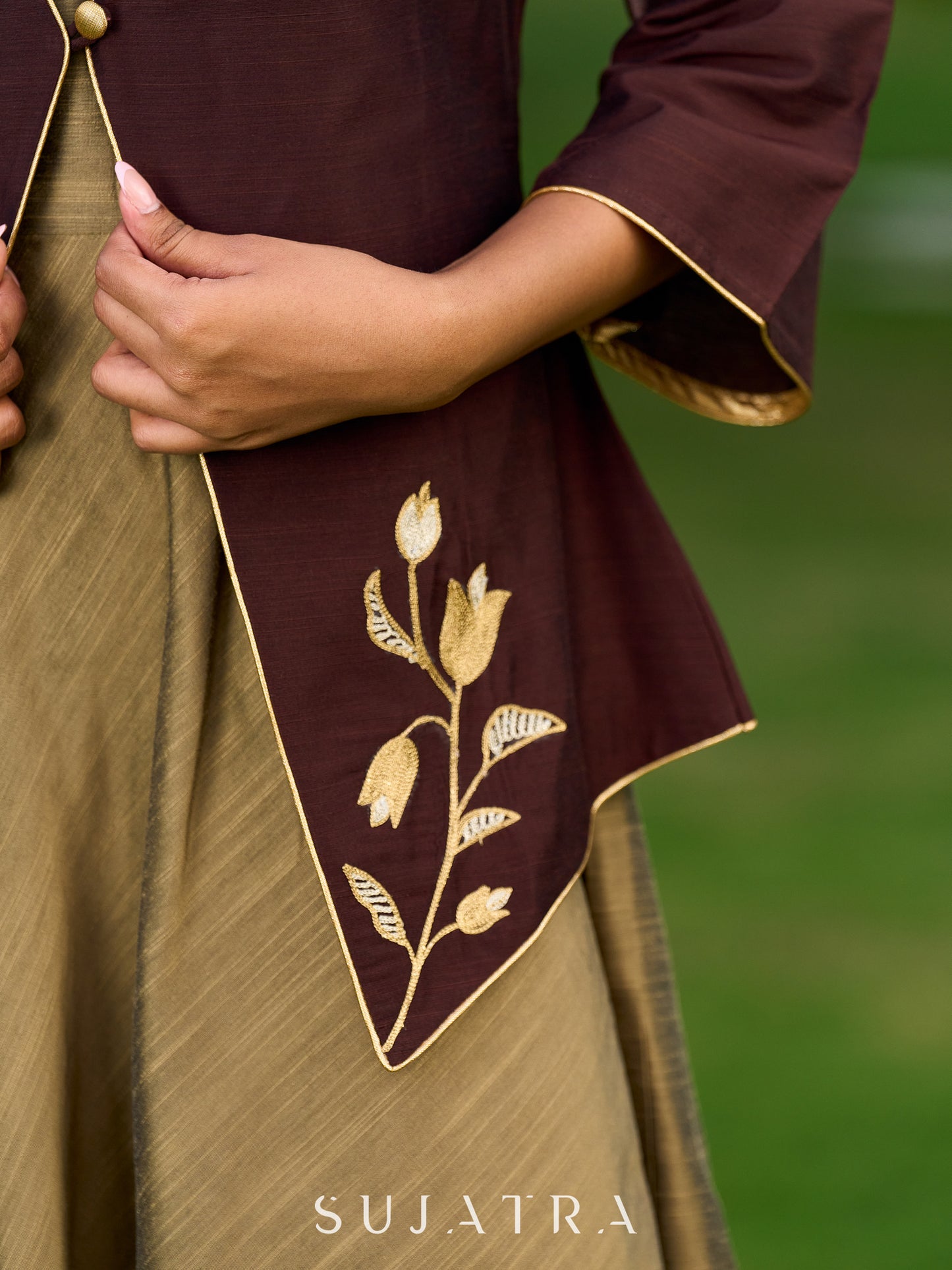 Dark Brown Cotton Silk Jacket Adorned With Exquisite Embroidery And Bell Sleeves Detailed With Shimmer Piping - Dress Optional