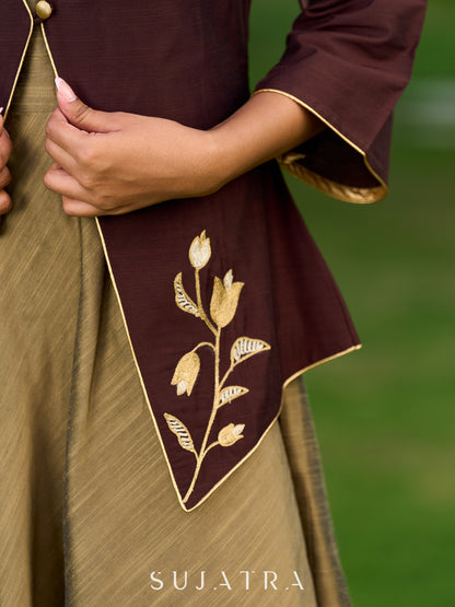 Dark Brown Cotton Silk Jacket Adorned With Exquisite Embroidery And Bell Sleeves Detailed With Shimmer Piping - Dress Optional