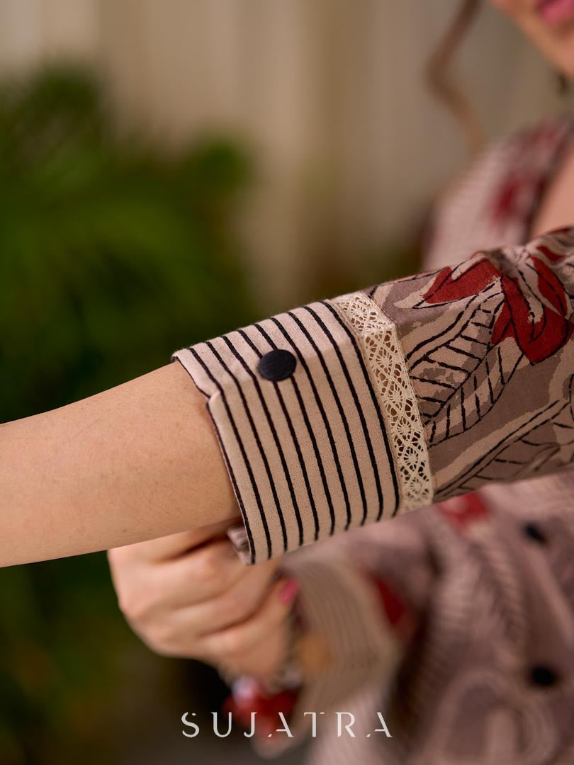 Earthy Beige Floral Leaf Print Cotton Kurta with Contrast Black Striped Panel