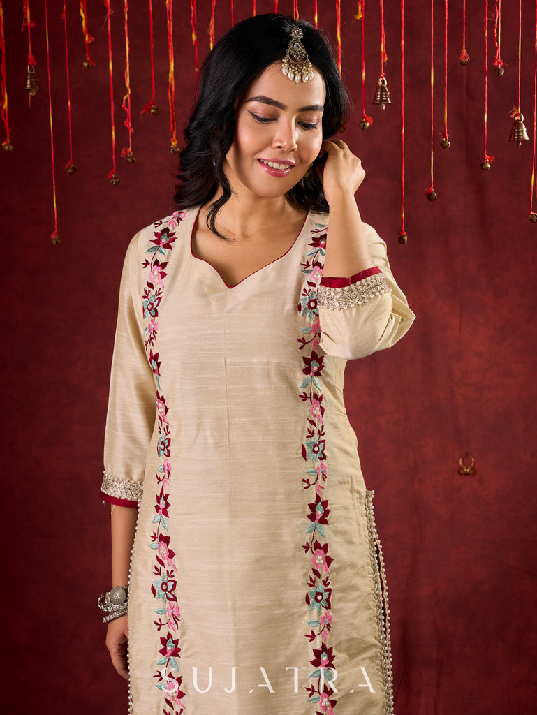 Ivory Cotton Silk Kurta with Floral Embroidery & Pearl Lace Accents