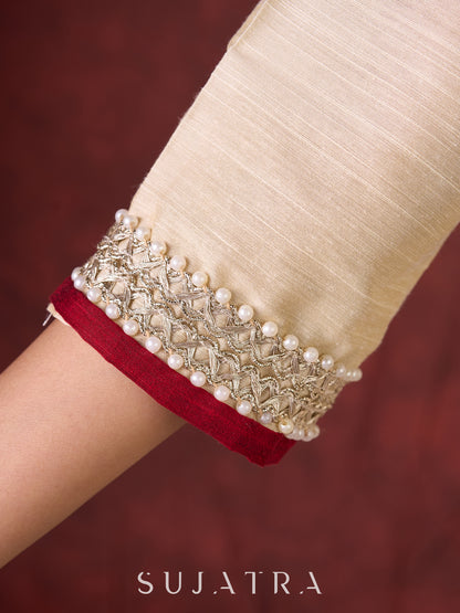 Ivory Cotton Silk Kurta with Floral Embroidery & Pearl Lace Accents