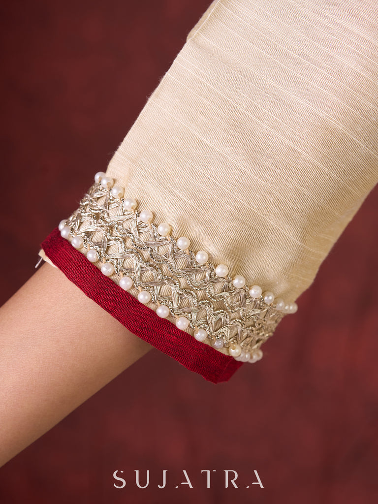 Ivory Cotton Silk Kurta with Floral Embroidery & Pearl Lace Accents