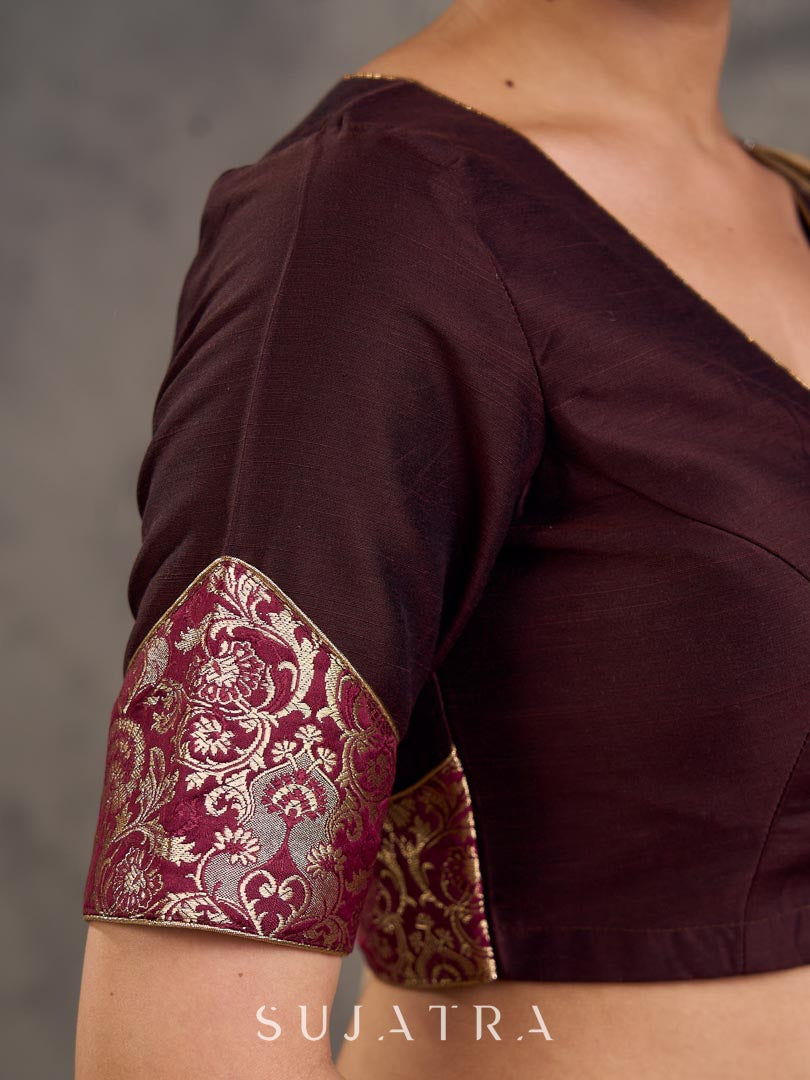 Dark Brown Cotton Silk Blouse with Short Sleeves, Benarasi Brocade Sleeve Panel and V Neckline
