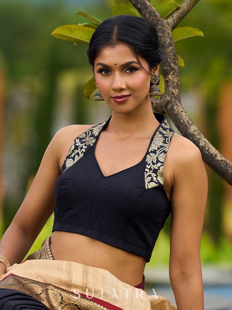 Handcrafted Black Khun Blouse with Benarasi Border Detailing
