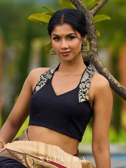 Handcrafted Black Khun Blouse with Benarasi Border Detailing