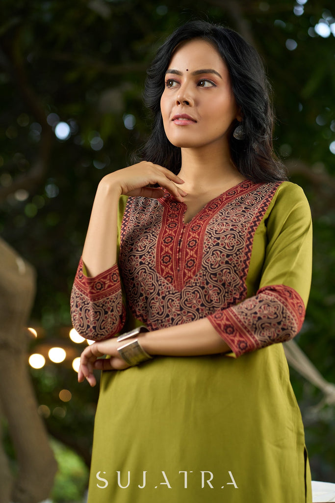 Chic Olive Green Rayon Kurta with Ajrakh Yoke and Sleeves