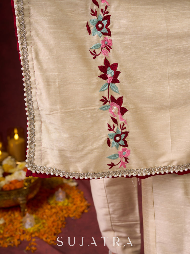 Ivory Cotton Silk Kurta with Floral Embroidery & Pearl Lace Accents