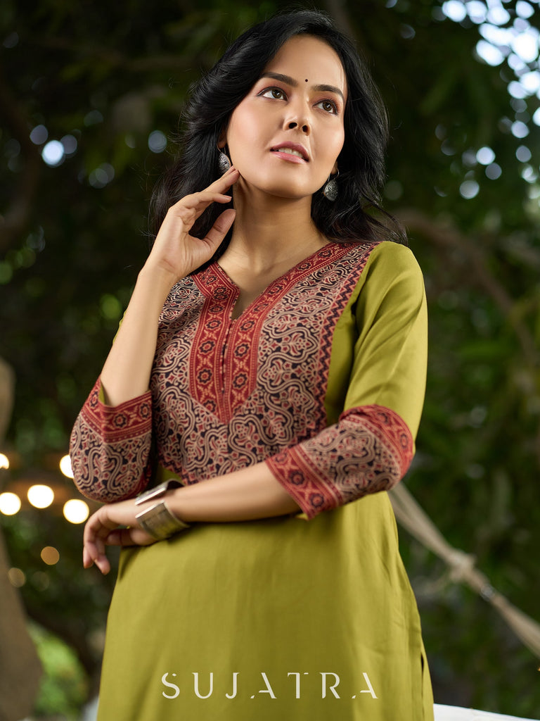 Chic Olive Green Rayon Kurta with Ajrakh Yoke and Sleeves