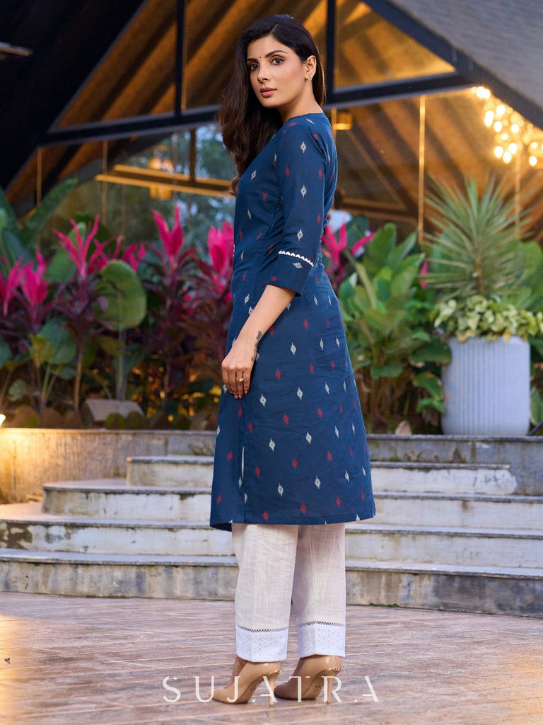 Blue printed cotton kurta enhanced with elegant and stylish lace - pant optional