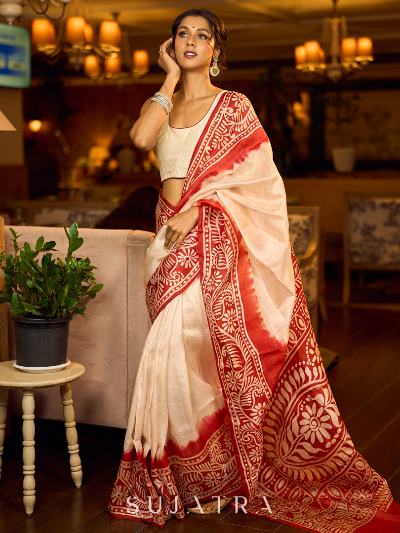 Handcrafted Ivory Pure Silk Saree with Red Kalamkari Print & Ombre Effect