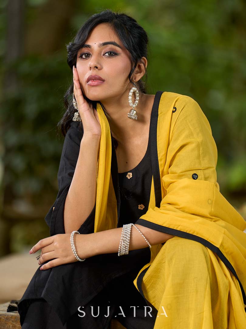 Rich Yellow Mul Cotton Dupatta with Minimal Kutch Embroidery