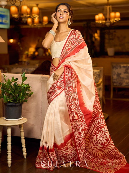 Handcrafted Ivory Pure Silk Saree with Red Kalamkari Print & Ombre Effect