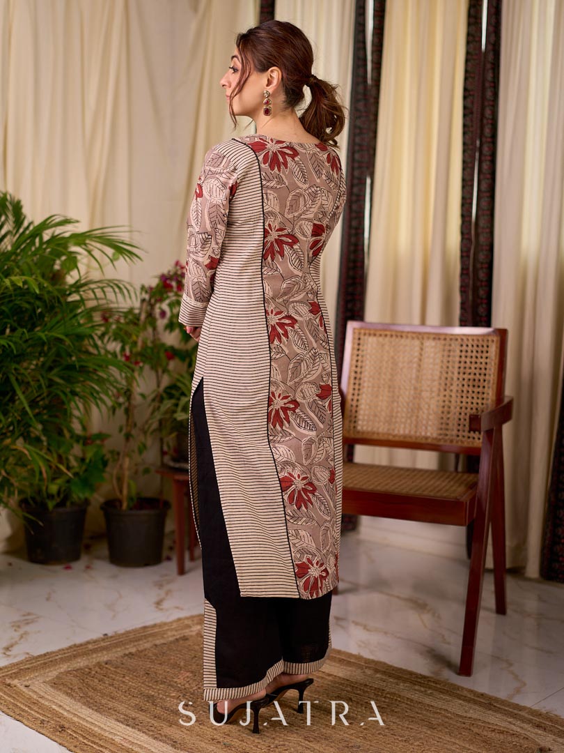 Earthy Beige Floral Leaf Print Cotton Kurta with Contrast Black Striped Panel