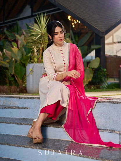 Elegant Chiffon Dark Pink Dupatta with Delicate Pearl & Mirror Work Lace Embellishment