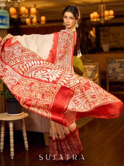 Handcrafted Ivory Pure Silk Saree with Red Kalamkari Print & Ombre Effect