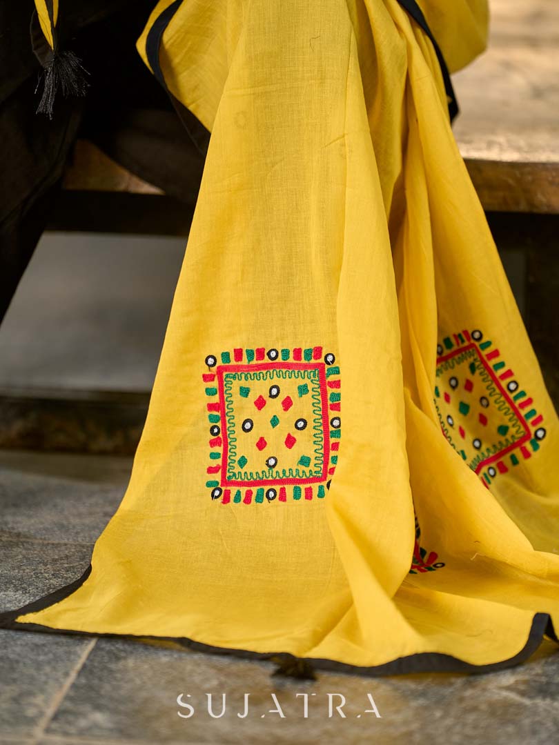 Rich Yellow Mul Cotton Dupatta with Minimal Kutch Embroidery