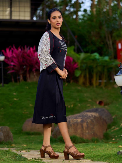 Graceful Black Rayon Pleated Dress with Script Art and Painted Hemline - Jacket Optional