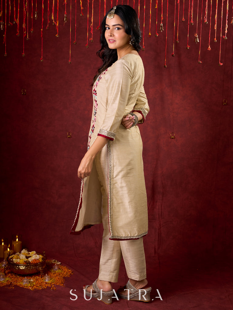 Ivory Cotton Silk Kurta with Floral Embroidery & Pearl Lace Accents