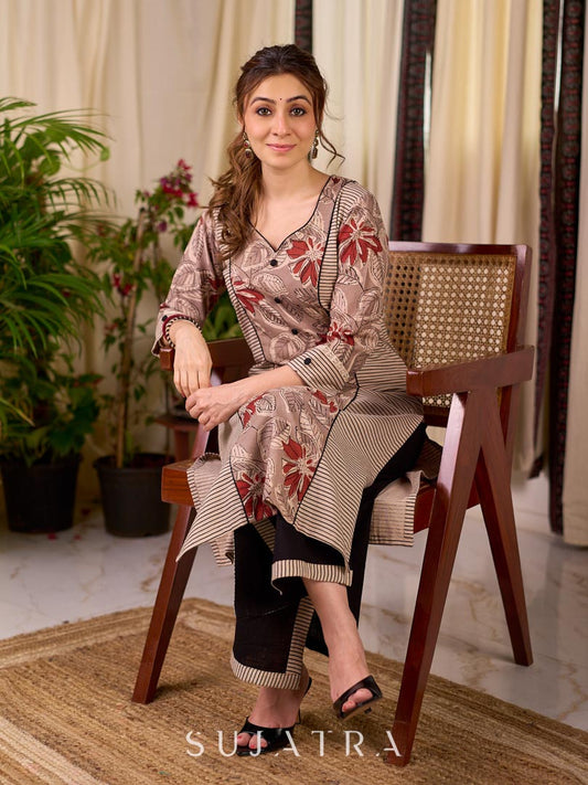 Earthy Beige Floral Leaf Print Cotton Kurta with Contrast Black Striped Panel