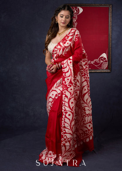 Classy Pure Silk Red saree with Hand Batik Alpana design